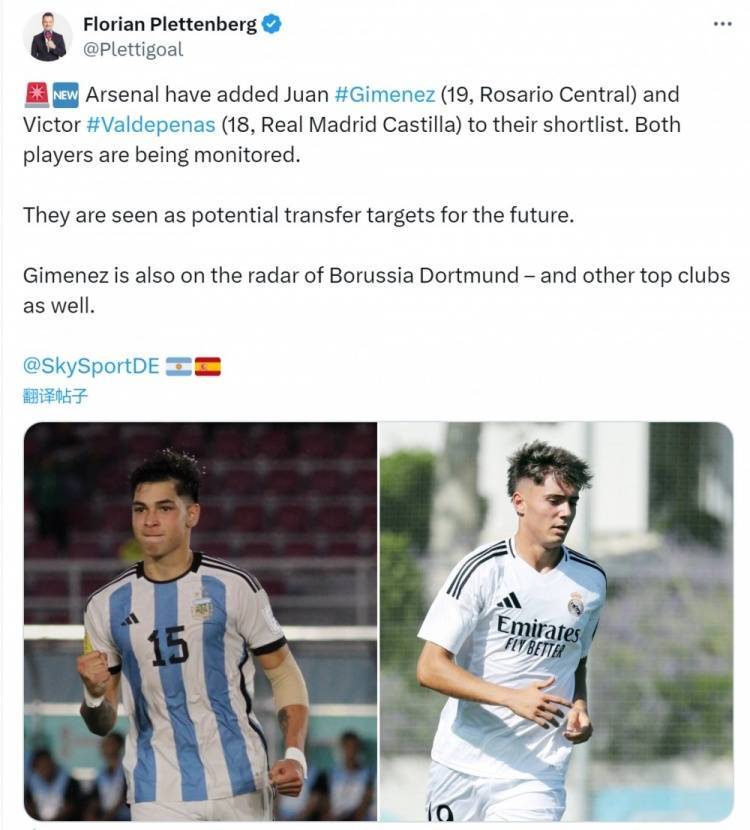 德天空：阿森纳关注19岁中卫吉梅内斯、18岁中卫巴尔德佩尼亚斯